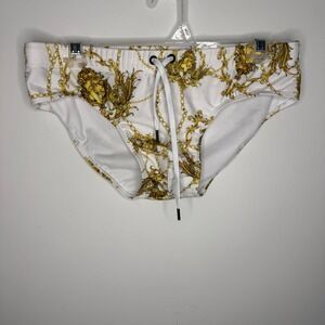 H14 Zara Man Baroque Chain Print Swim Briefs White Gold Mens Large Trunks